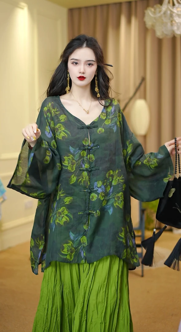 月畔湾【夏时雨】夏季透气苎麻上衣女复古宽松盘扣薄款气质女