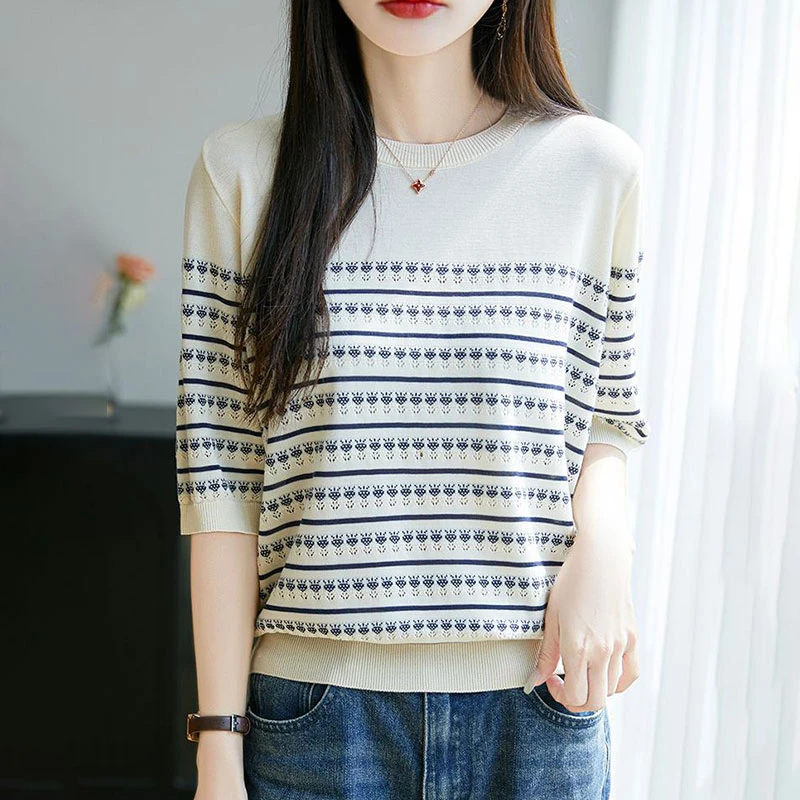 圆领条纹针织衫女2025夏季新款宽松时尚显瘦洋气减龄t恤短袖上衣