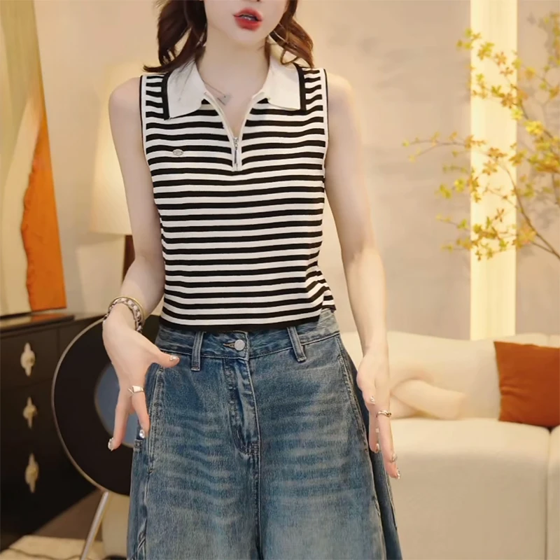 韩版小众时尚POLO领无袖T恤女夏季2025新款小个子通勤简约ins上衣