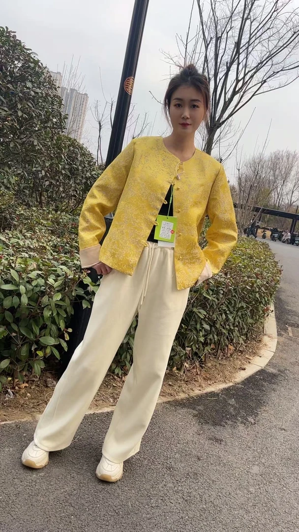 新中式国风女装外套春款高级圆领 宽松复古提花黄色短款上衣2025