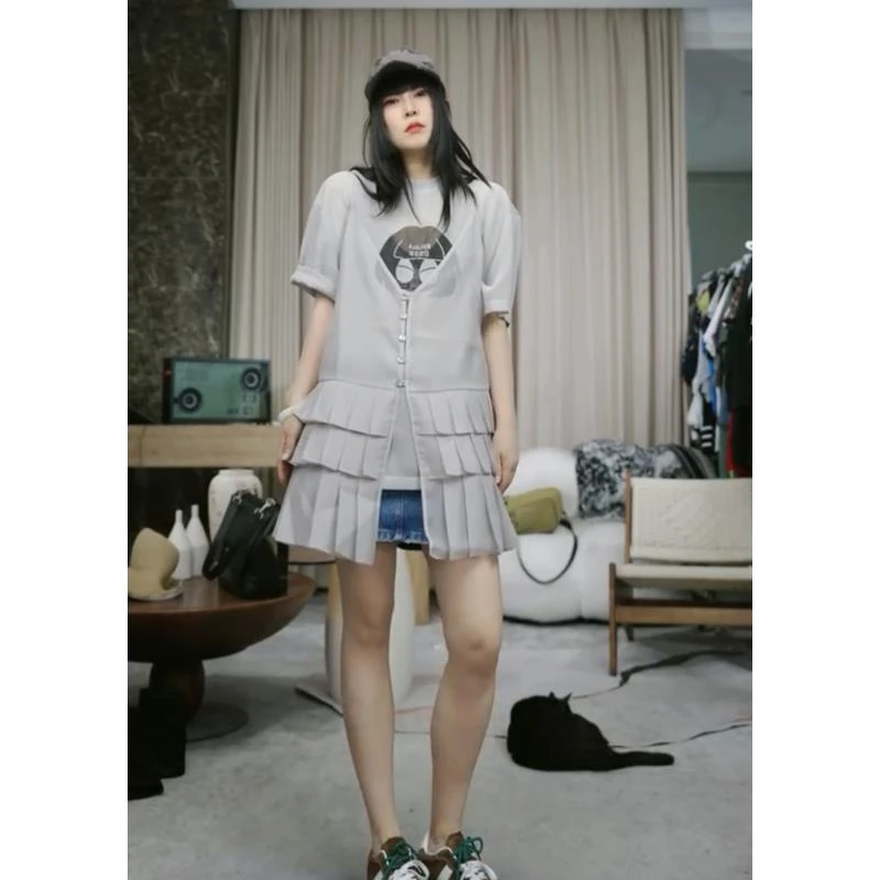 infobyfive2025夏季新款前开叉波浪百褶裙吊带裙连衣裙NF0505151