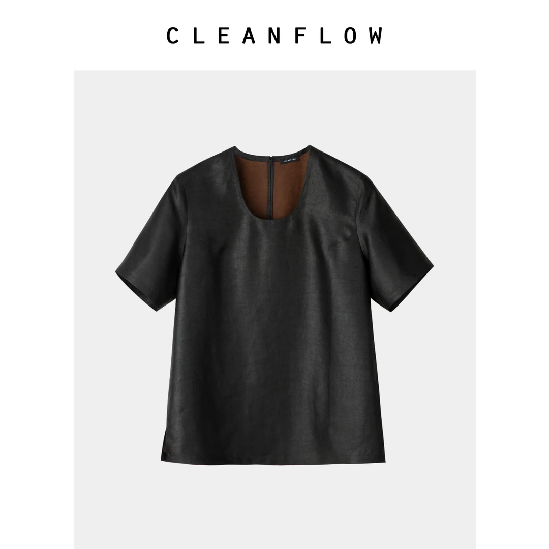 CLEANFLOW | 纯手工平板香云纱U领T恤女高级感2025春夏季新款上衣