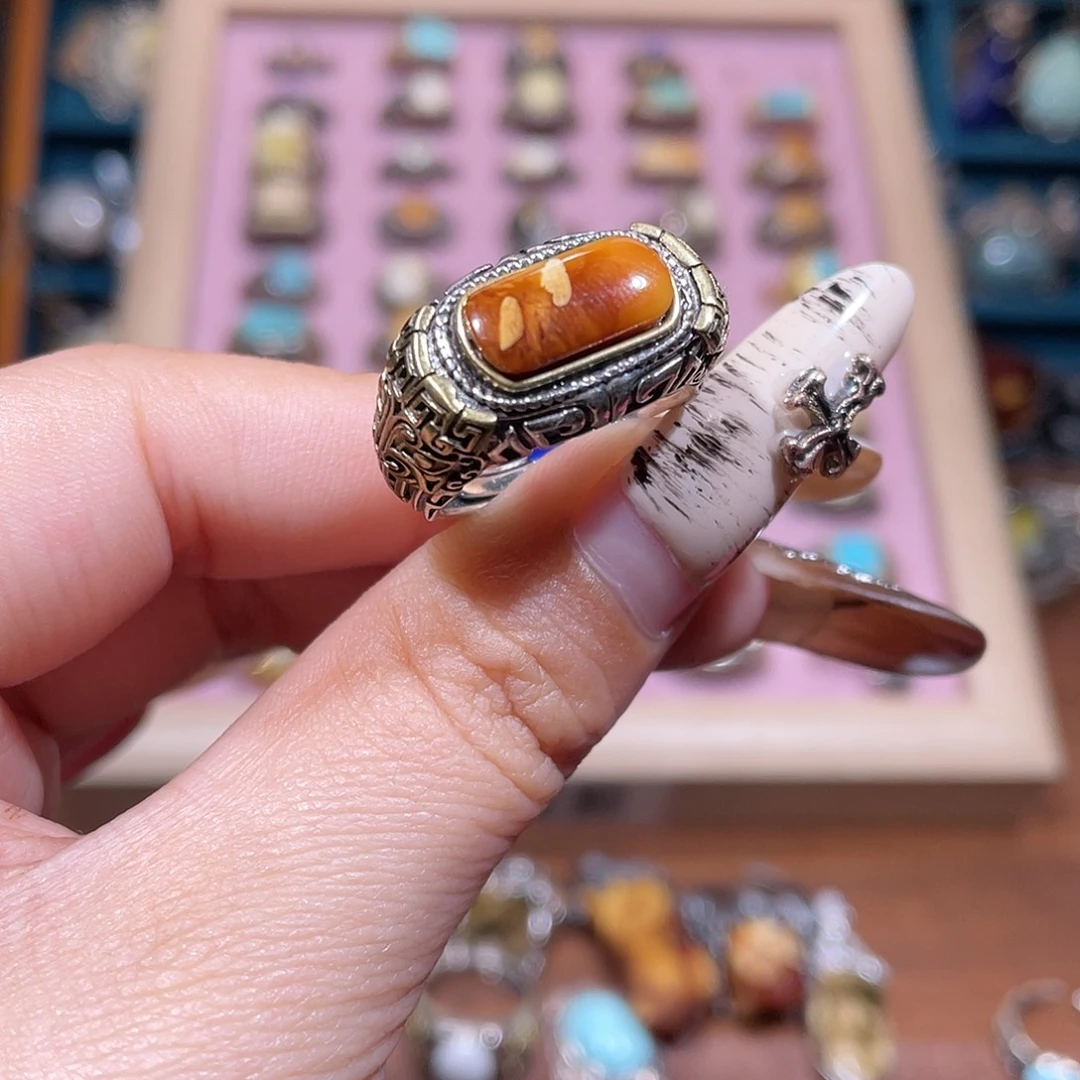 松***9琥珀银S925镶嵌戒指戒指