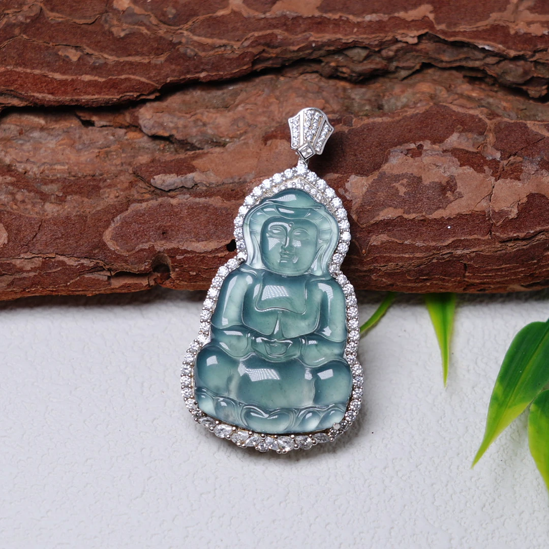 危地马拉翡翠正装观音银镶嵌吊坠