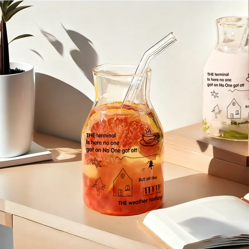 ins风爆款耐热玻璃牛奶咖啡杯子果汁冷饮吸管杯大容量印花情侣杯