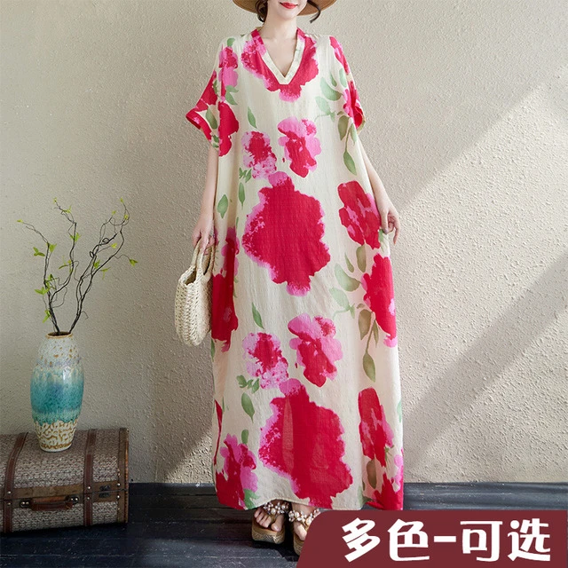 加大舒适大红花V领薄棉麻大码宽松文艺度假风沙滩裙遮肉长款袍子