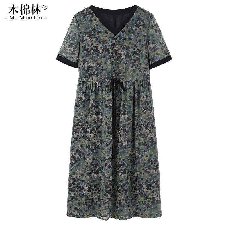 子遮胃长袖a字妈妈装V领水墨绿连衣裙230723