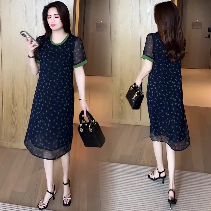 时尚连衣裙女2025夏季新款洋气显瘦木耳领雪纺短袖中长款印花裙子