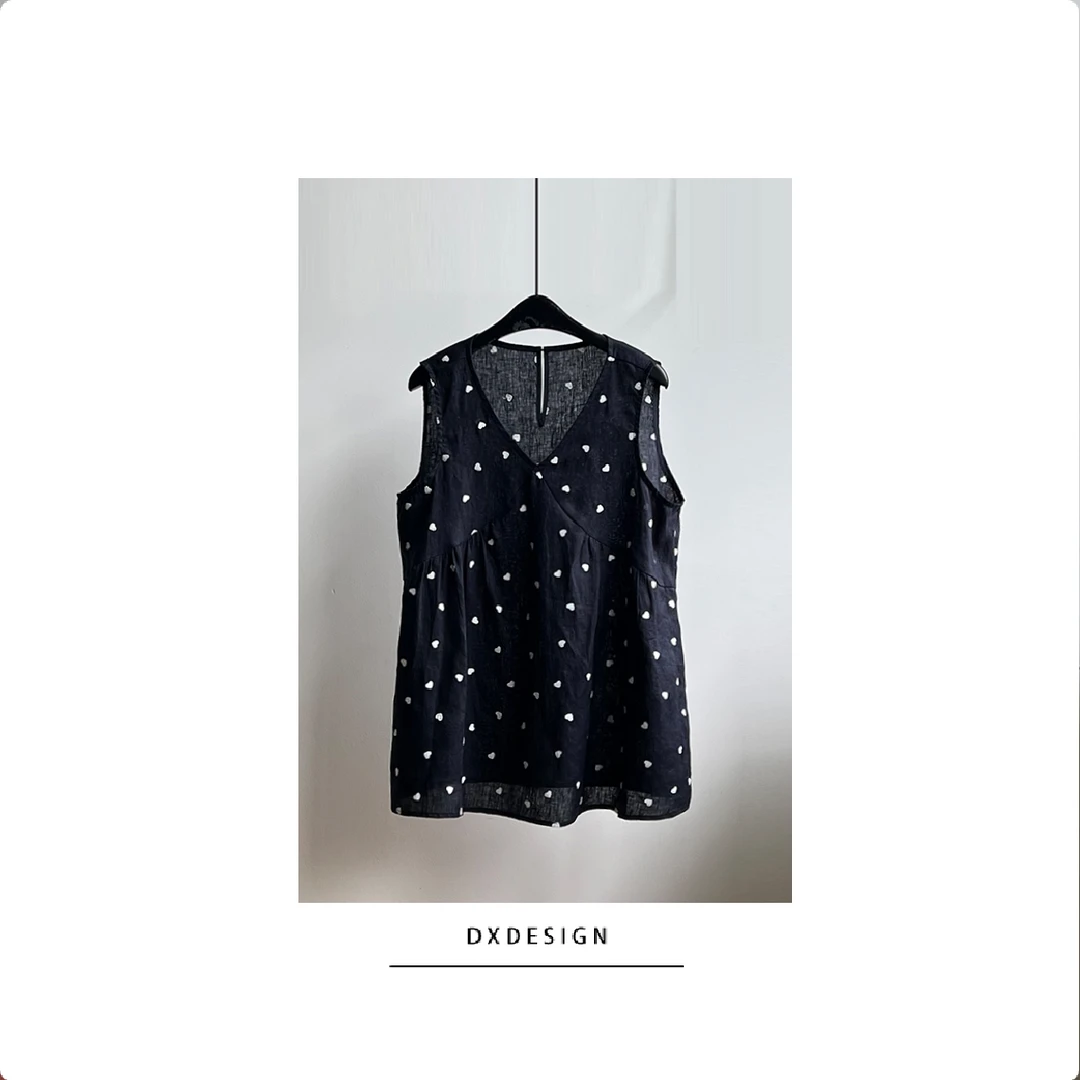 藏青爱心刺绣亚麻深V领无袖上衣女 夏设计感小众复古慵懒气质衬衣