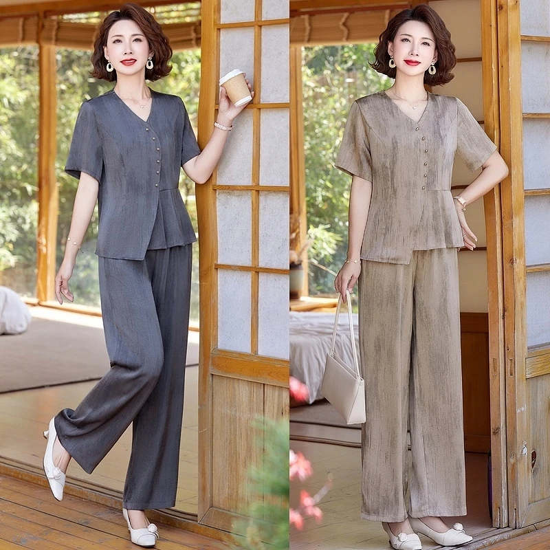中年女装妈妈端庄大气套装夏装短袖上衣中老年夏季气质小衫两件套