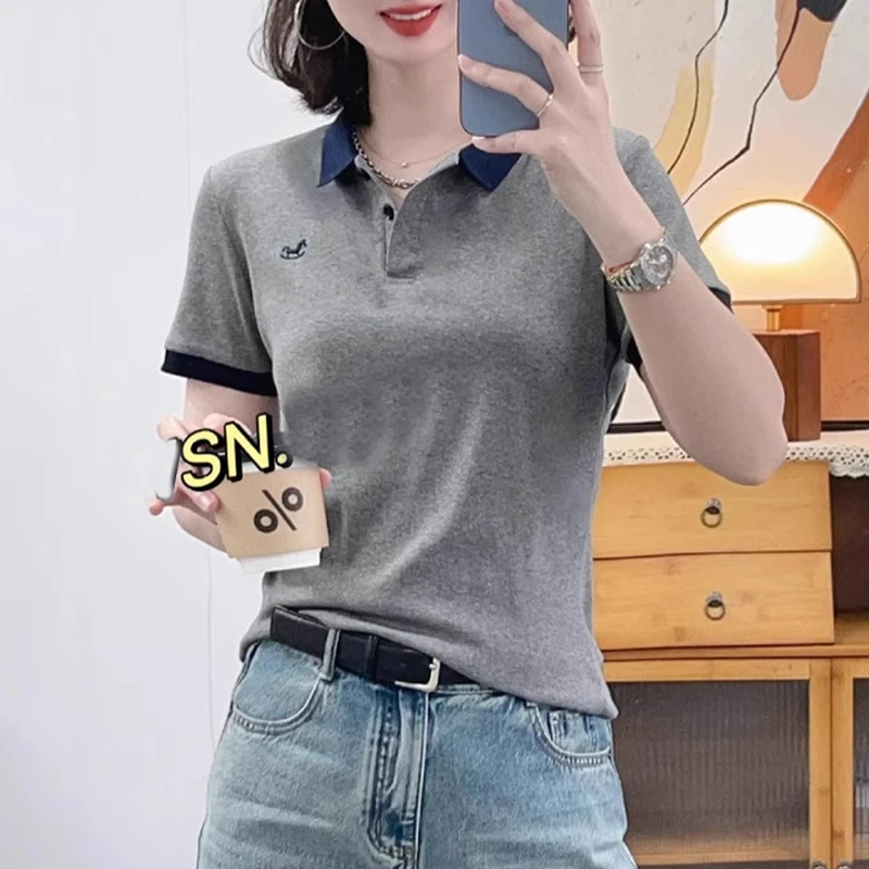polo领刺绣短袖T恤女2025夏季新款休闲时尚洋气百搭显瘦遮肉上衣