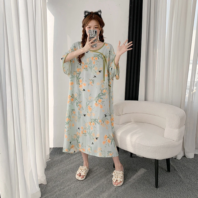 夏季棉绸睡裙女加肥加大码胖MM200斤新国风轻薄款长裙人造棉睡衣
