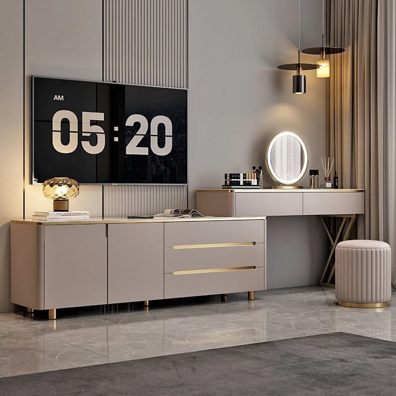 实木岩板梳妆台卧室电视柜斗柜一体伸缩化妆桌储物收纳柜简约现代