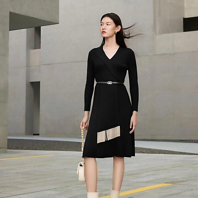 【婷婷专属】【精美流苏装饰】春秋高雅气质修身长袖小黑裙女