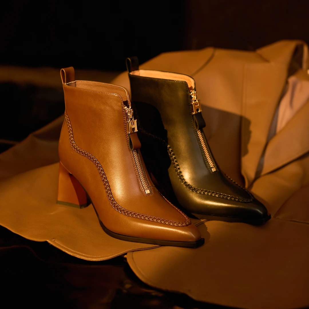 【牛皮】 6厘米 2023年秋冬季方头气质时尚粗跟真皮短靴SGX107