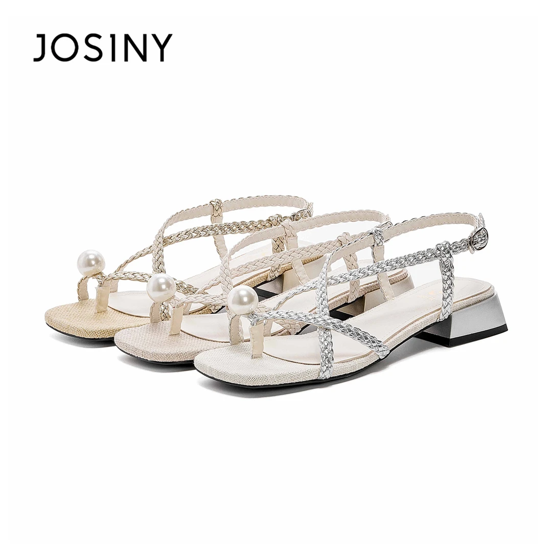 卓诗尼平底交叉带优雅粗高跟凉鞋夏新款珍珠时尚露趾百搭通勤女鞋