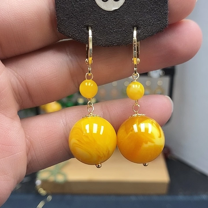 蜜蜡银S925镀金镶嵌耳饰尺寸16mm