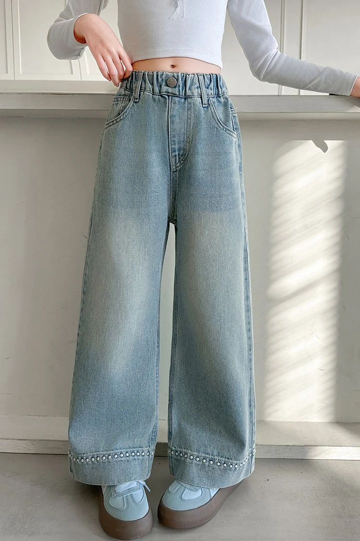 2025春季新款女童中大童阔腿休闲牛仔裤