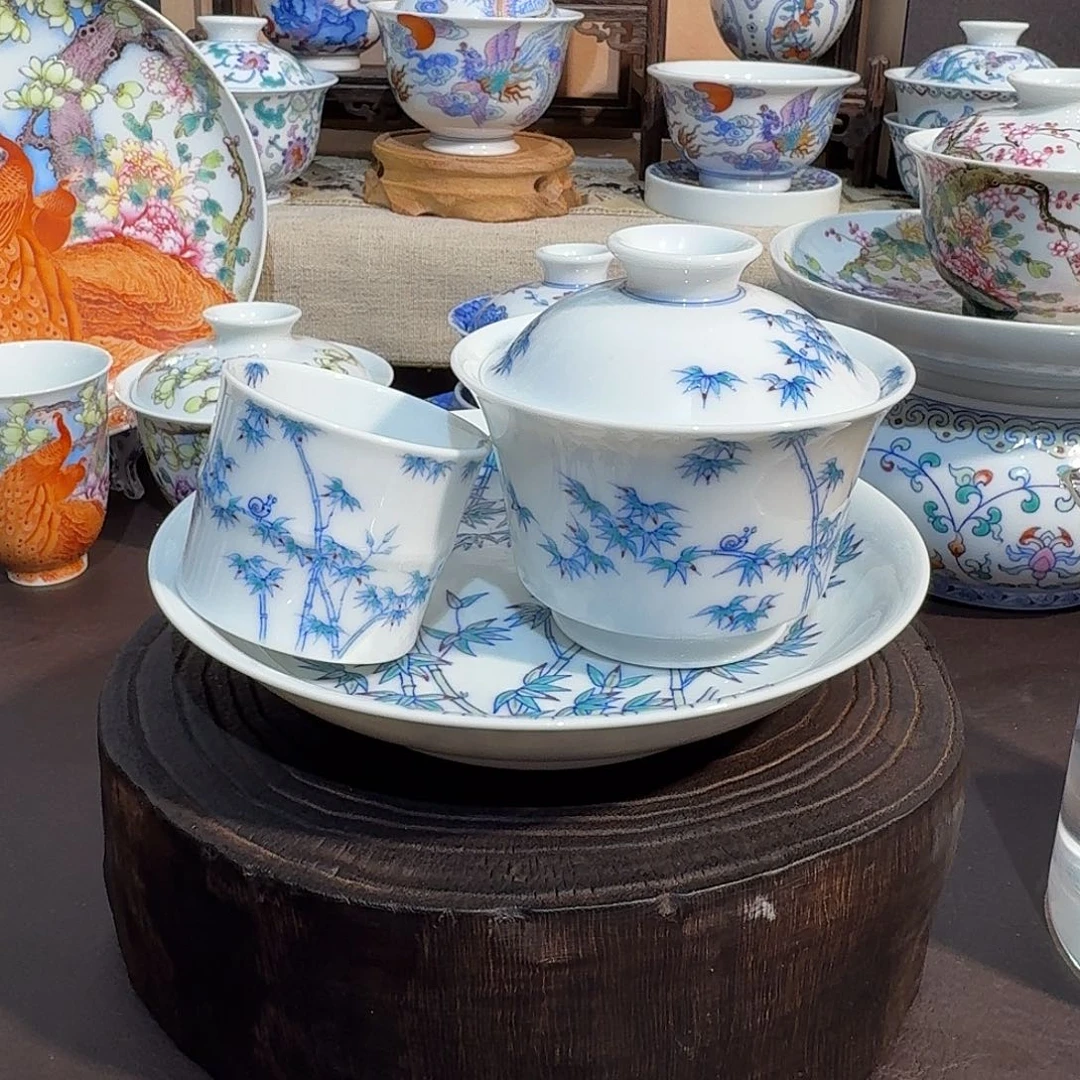 景德镇斗彩竹报平安茶具套组
