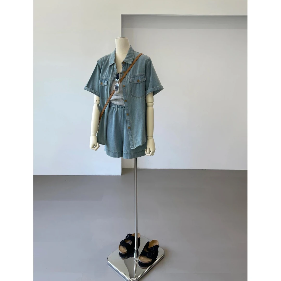 蓝色牛仔套装女夏2025新款港风宽松休闲薄款衬衫短裤两件套