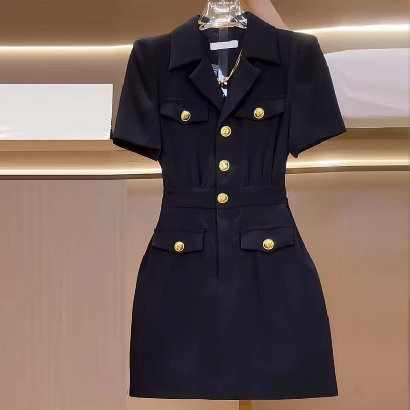 夏季小个子赫本风气质连衣裙工作服新款法式高级职业黑色修身裙子