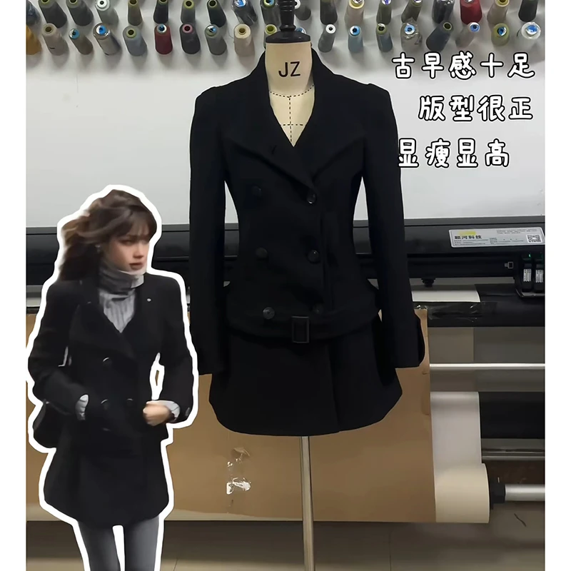 秋冬新款粗花呢复古收腰外套显瘦毛呢外套正肩可拆卸裙摆上衣女