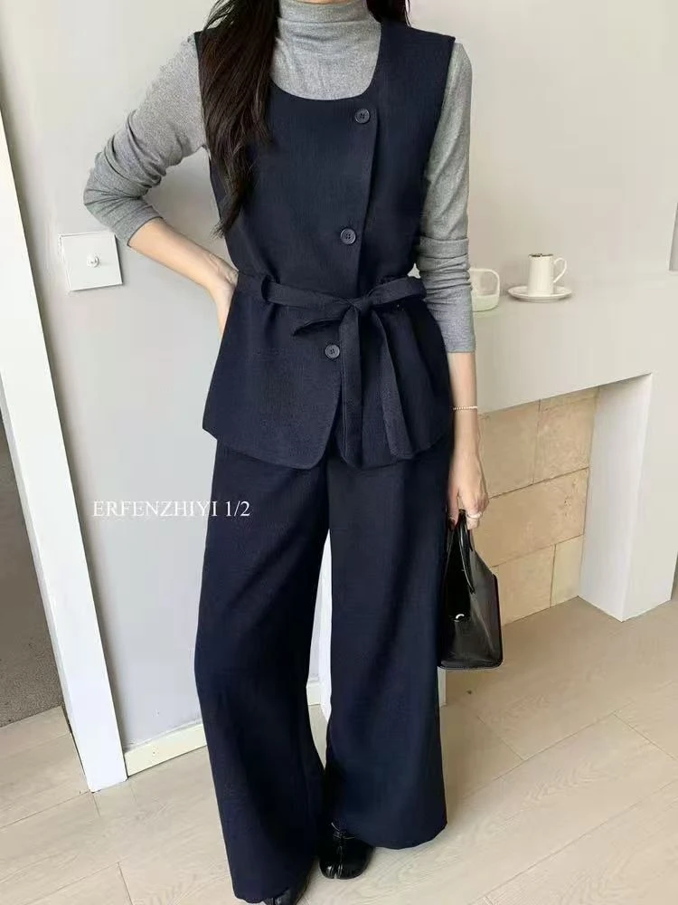 大码胖mm法式女装轻熟风百搭显瘦小香风气质马甲打底阔腿裤三件套