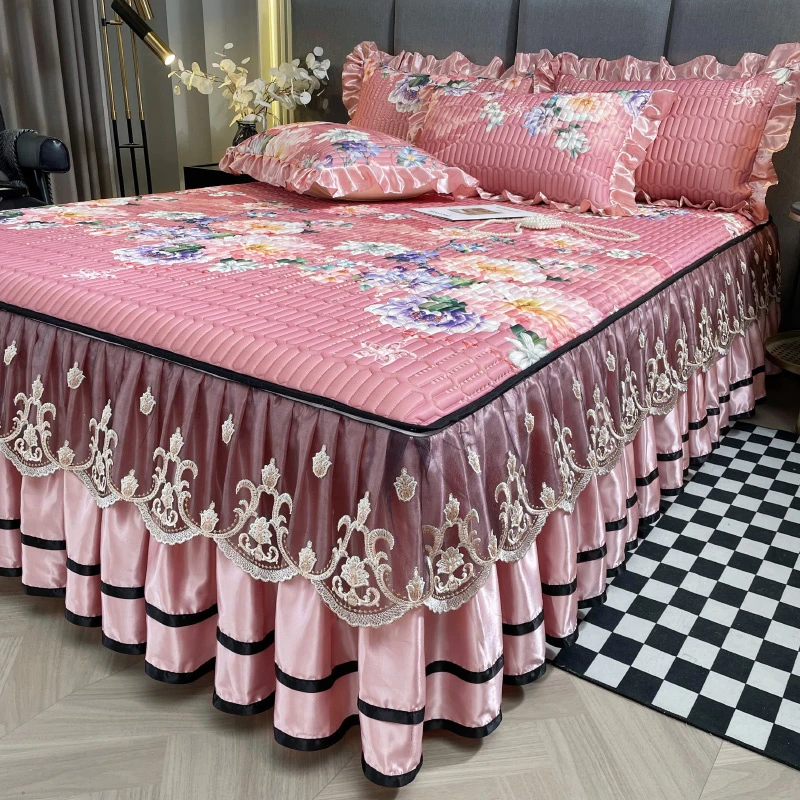 欧式床裙款冰丝凉席三件套夏季乳胶空调软席子床罩可拆卸水洗机洗