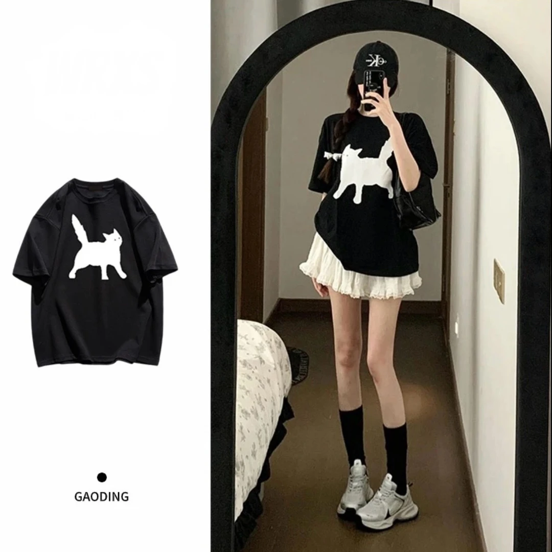 AZGO潮牌夏季宽松印花圆领ins百搭网红情侣设计感T恤（白猫）