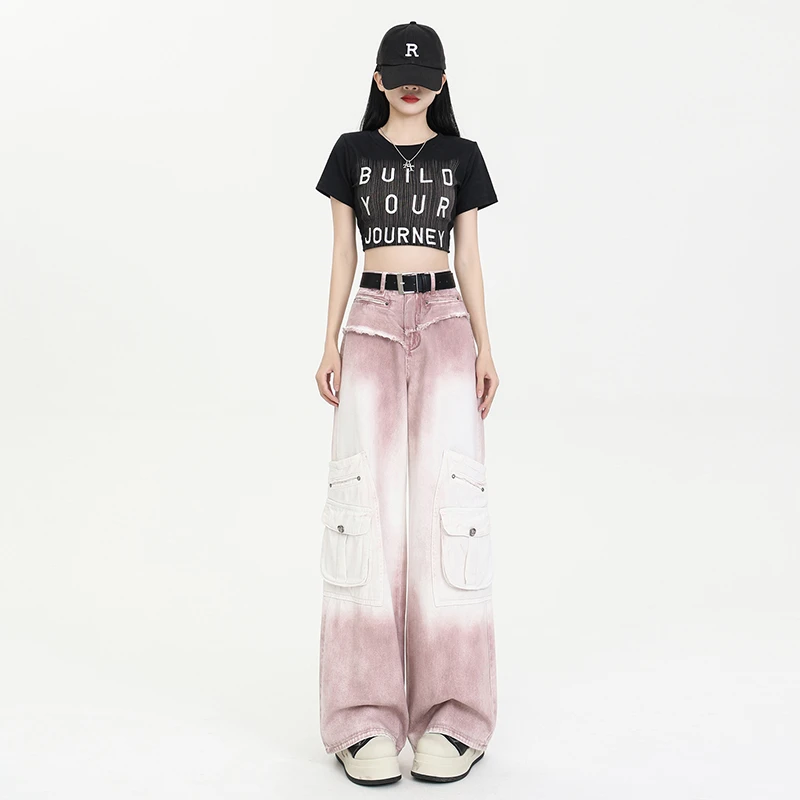 新款美式工装牛仔裤女春季2025爆款高腰宽松阔腿扎染设计宽松穿搭