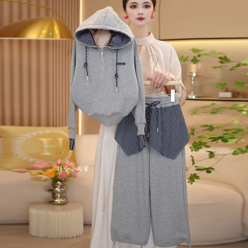 【闺蜜家】女童秋季2025新款时尚韩系连帽灰色卫衣+卫裤套装-8617
