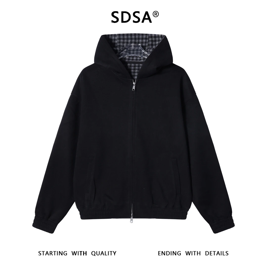 SDSA男士秋冬新款痞帅男装潮牌纯色拉链连帽卫衣百搭休闲格子外套