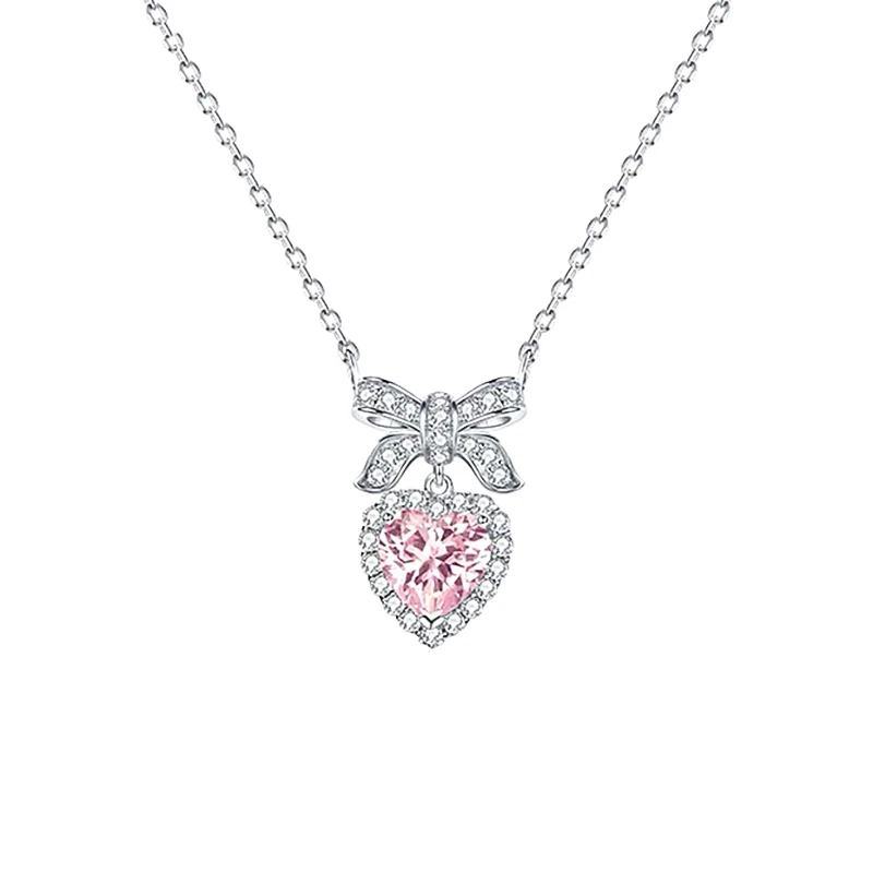 坠链均925银合成锆石 s925纯银公主蝴蝶结爱心形项链轻奢小众高级