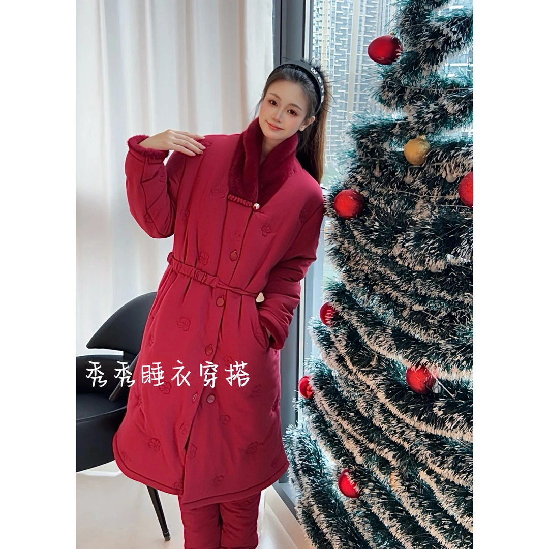 【秀秀家】冬季上新《枫叶》三层夹棉印花长袖长裤睡衣套装加厚