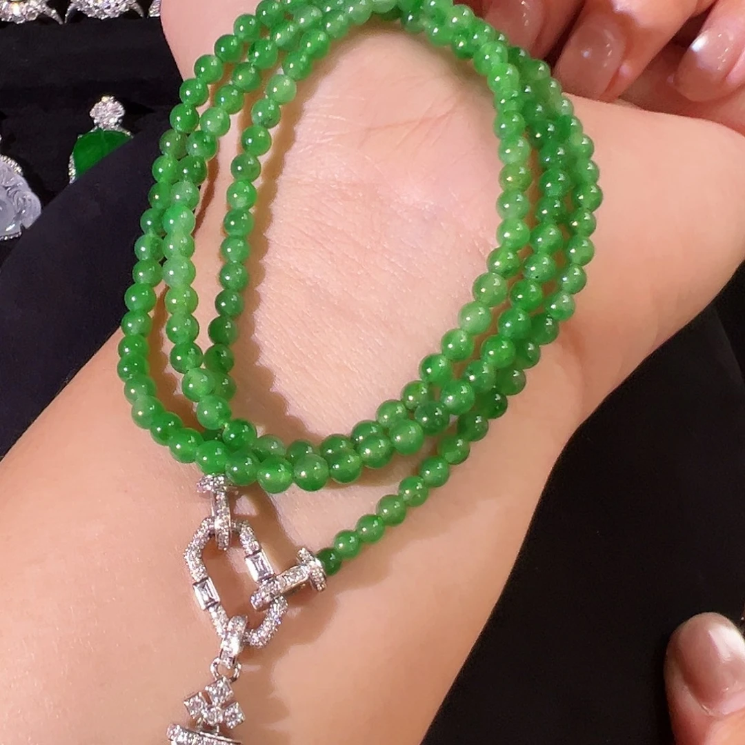 翡翠18K金镶嵌颈饰冰阳绿小米珠流苏项链