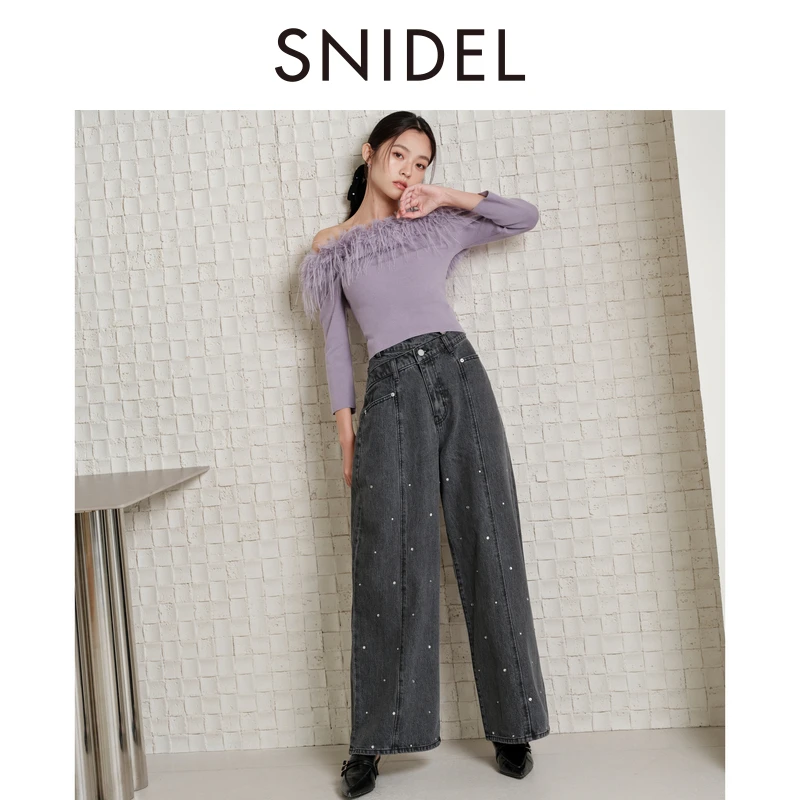 【粉丝专属】SNIDEL气质纯色一字毛领露肩针织衫SWNT244167