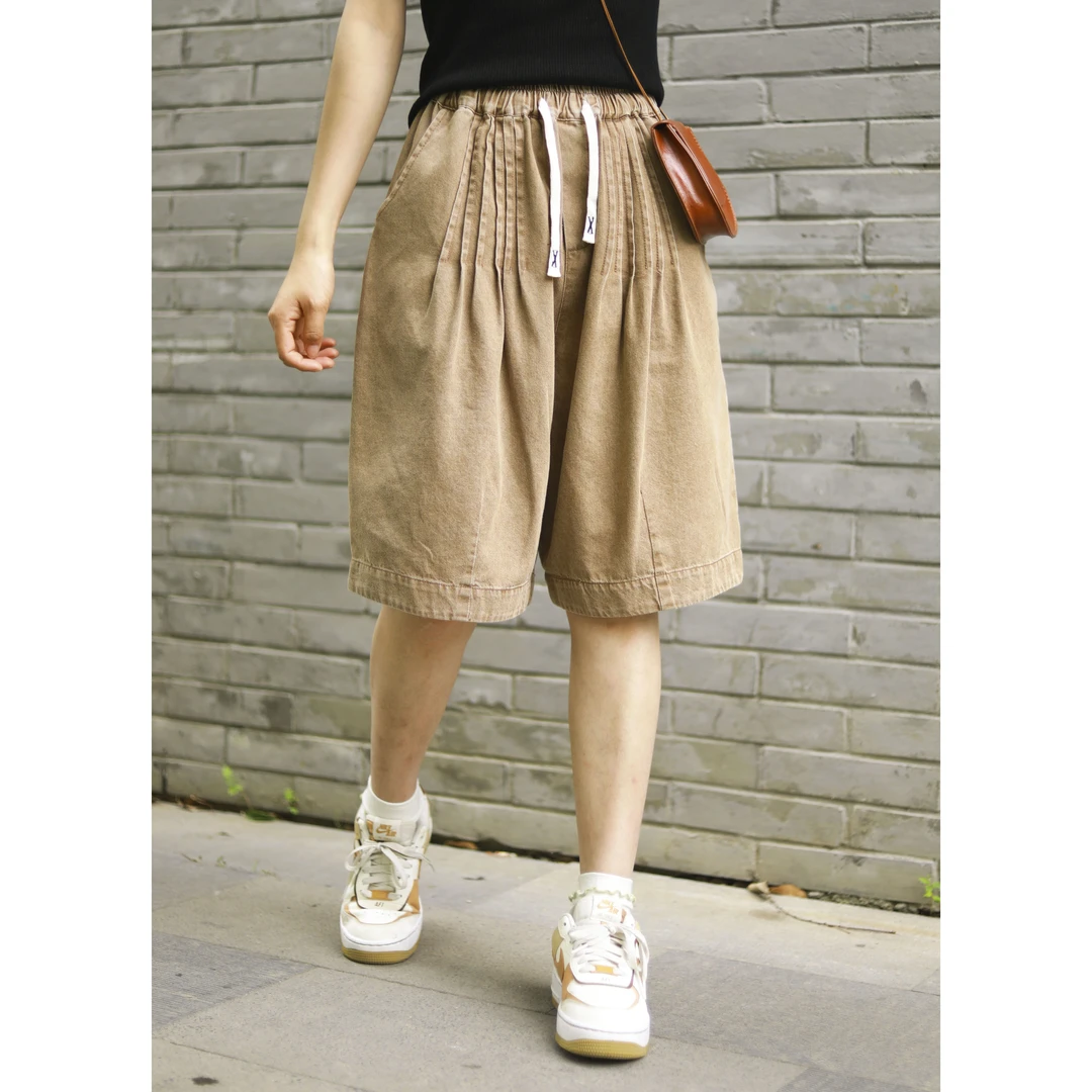 (浅笑）25032百褶休闲女宽松大码显瘦个性纯色时尚百搭五分牛仔裤