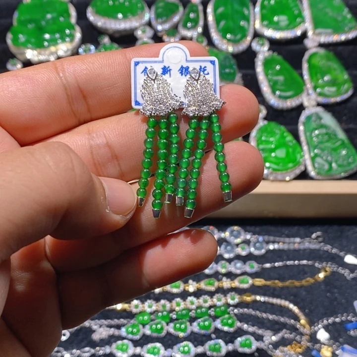 翡翠耳饰银S925镶嵌天然A货翡翠