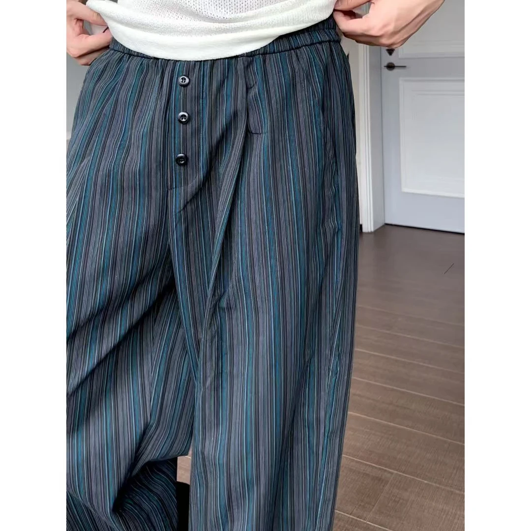 大圣圣 夏季黑蓝竖条纹棉弯刀阔腿裤可束脚可拖地长裤男ANN180580