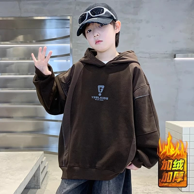 男童秋冬款卫衣加绒加厚2025新款大童冬装儿童冬季连帽一体绒上衣