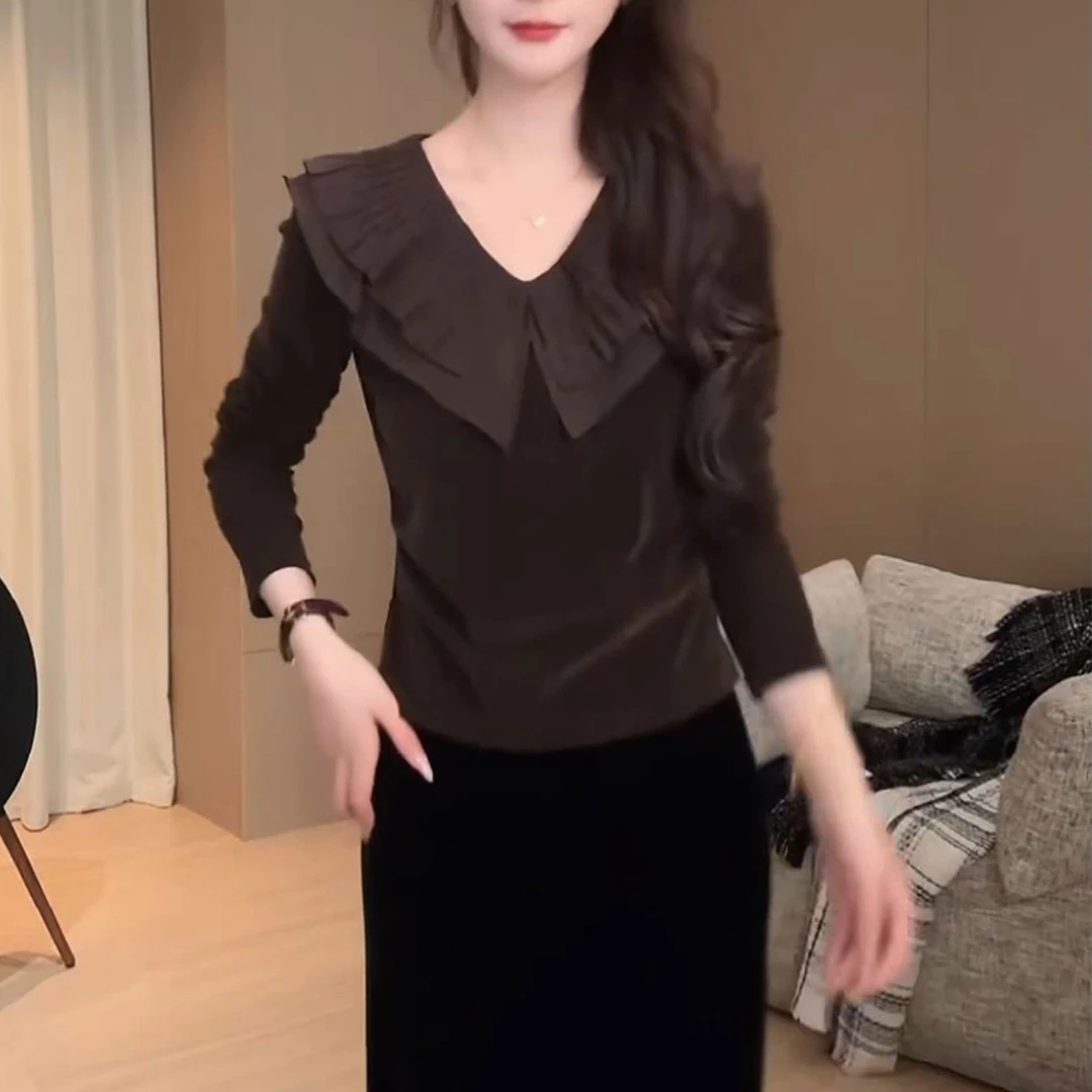 韩系轻奢丝绒荷叶边拼接衬衫2025秋季新款纯色百搭减龄长袖上衣女
