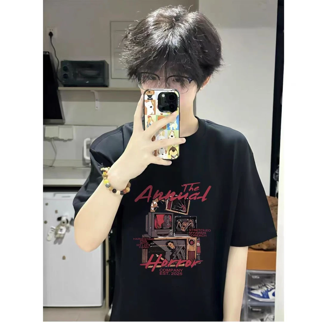 殿若轻奢夏季美式复古短袖T恤宽松高街嘻哈潮流青少年情侣款半袖