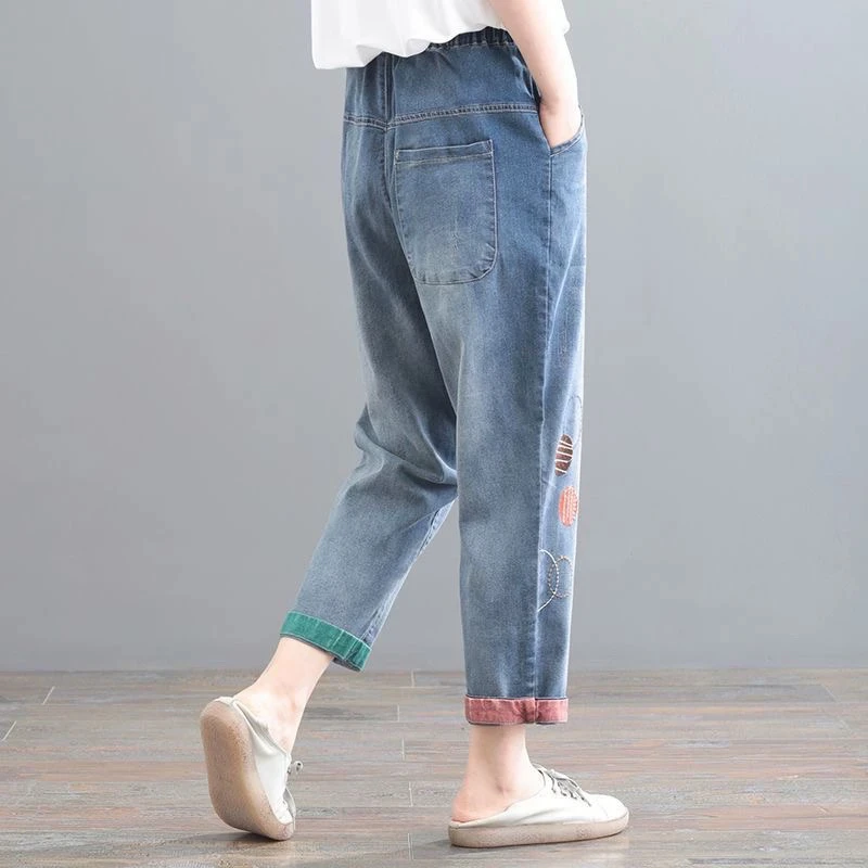 （非图片款）韩版女大码春夏宽松裤子薄款刺绣水洗牛仔裤哈伦裤