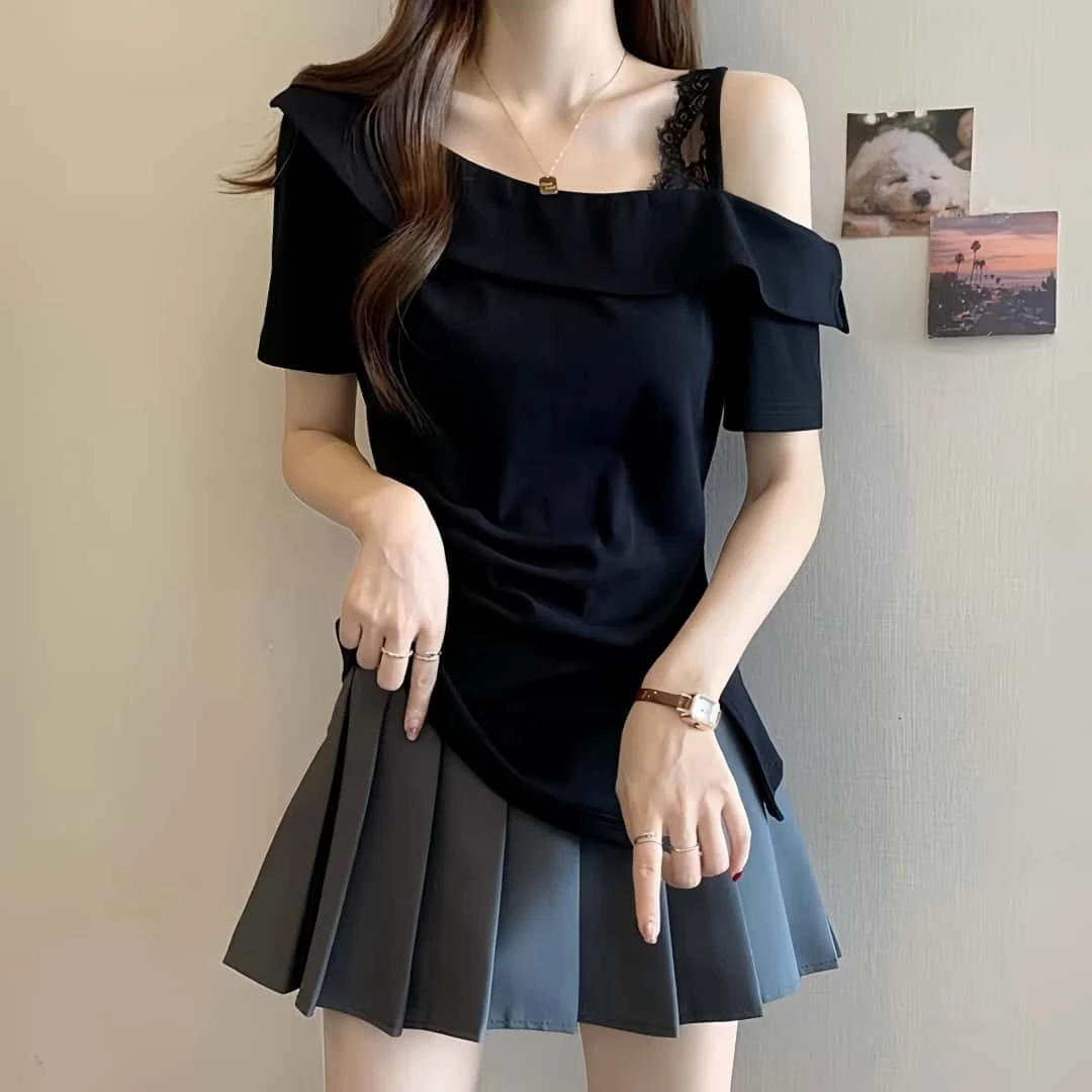 大码胖MM斜肩纯欲T恤女夏季露肩短袖蕾丝拼接甜妹上衣女设计感潮