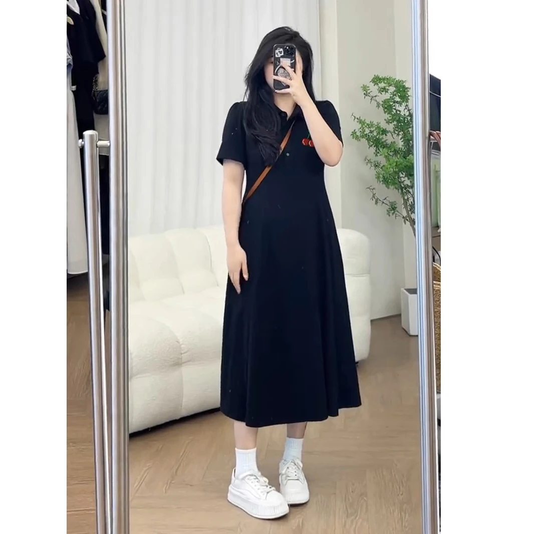 大码女装polo连衣裙2025夏季上新高级感胖MM黑色纯欲慵懒风女装