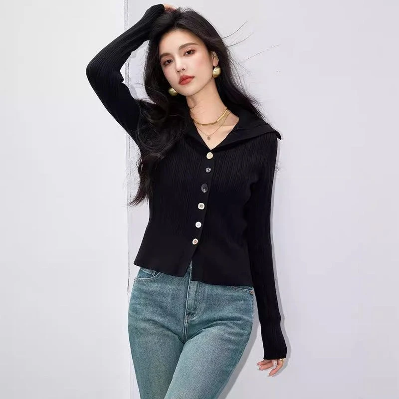 韩版黑色翻领针织衫女秋季新款修身显瘦气质小众别致长袖打底上