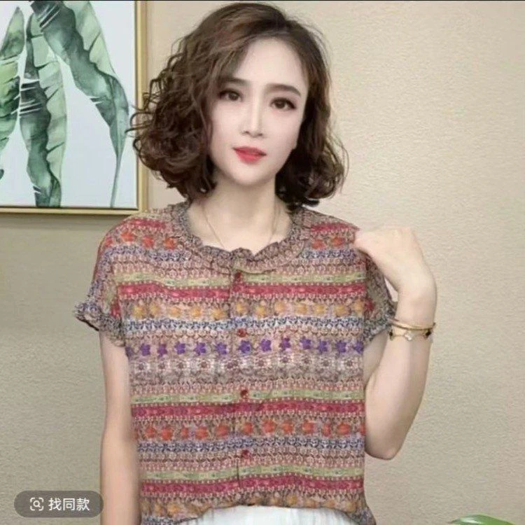 中老年女装时尚花边领凉快透气衬衫休闲遮肉大码2025夏季短袖上衣