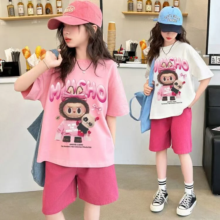 女童夏季短袖套装2025新款儿童夏款运动休闲洋气两件套女孩卡通潮