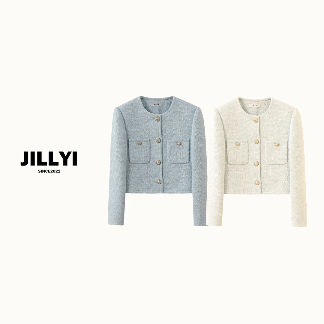 JILLYI南山店【春日海岸】春款百搭小香风轻奢时尚蓝色短款外套