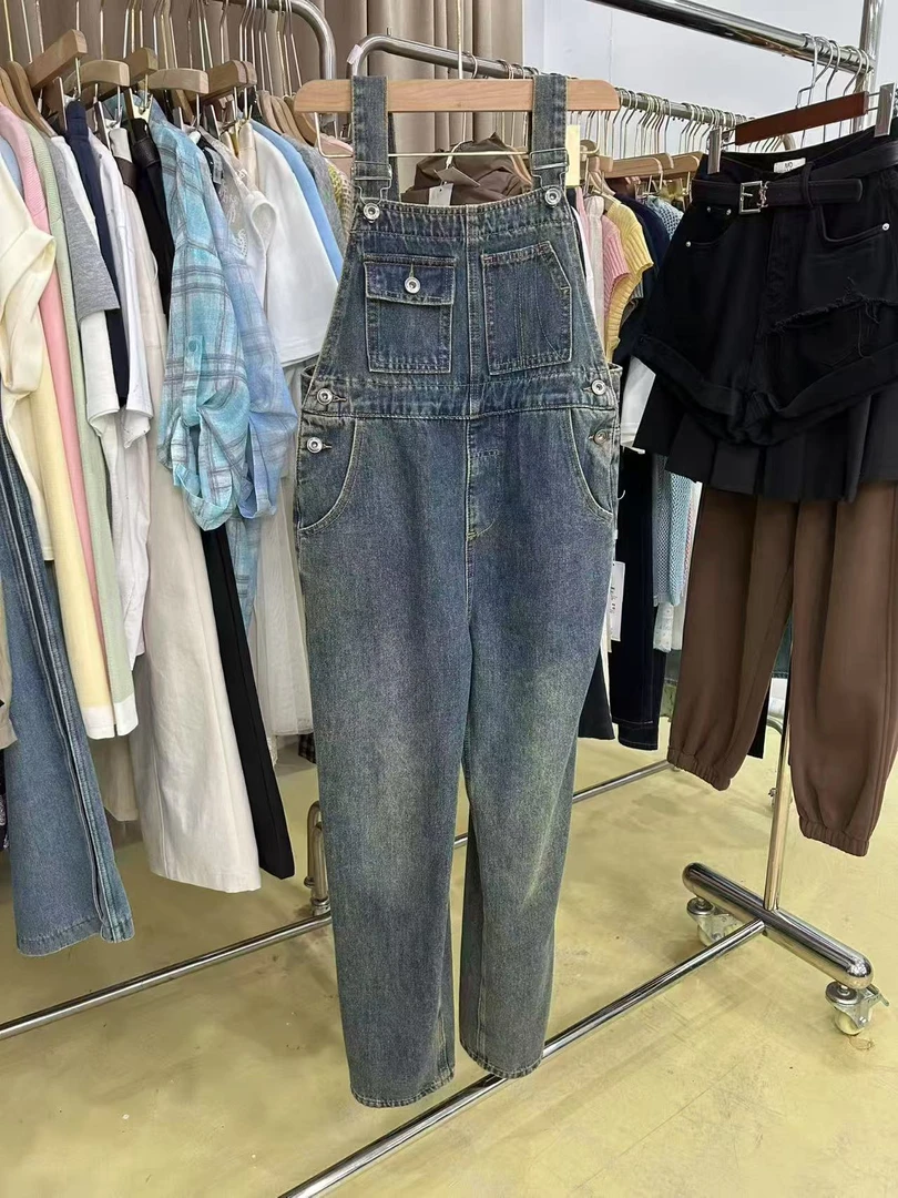 Q1561牛仔背带裤双口袋设计2025春夏新款减龄宽松直筒阔腿裤